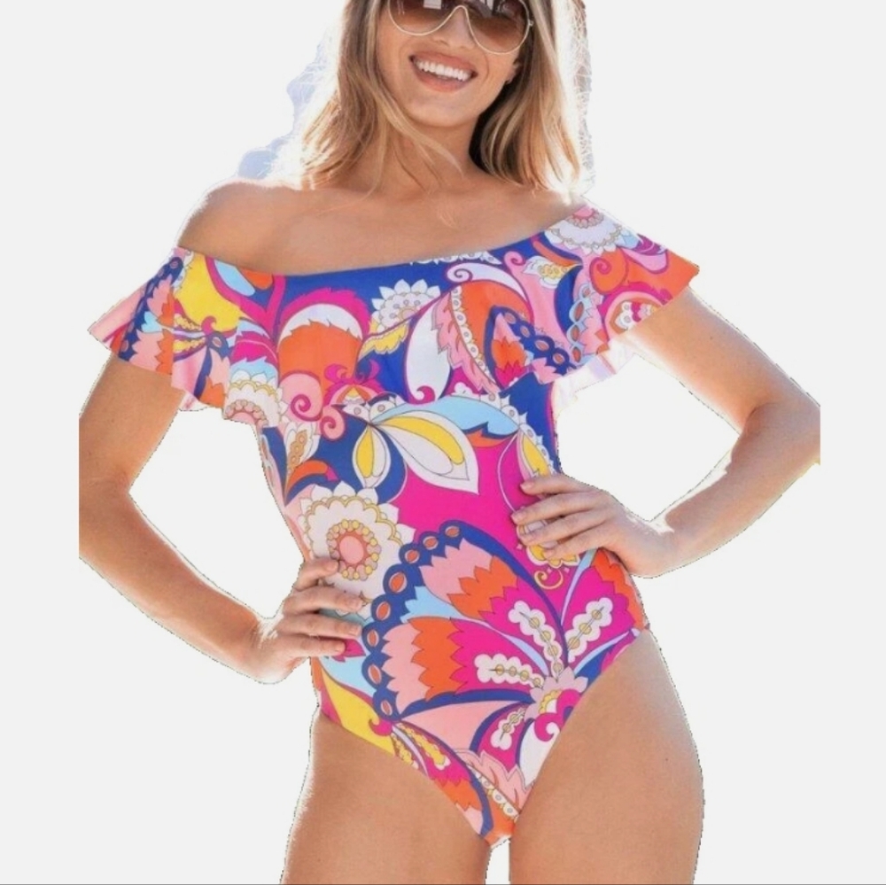 Trina Turk Sevilla Cap Sleeve Off Shoulder Ruffle One Piece Swimsuit